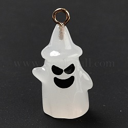 Pendentifs en résine opaque thème halloween, avec les accessoires en alliage ton or lumière, fantôme avec chapeau, fumée blanche, 21x11x8.5mm, Trou: 1.5mm