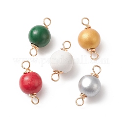 Spray Painted Wood Connector Charms, Round Links, with Golden Tone Copper Wire Wrapped, Mixed Color, 30~31x16mm, Hole: 4.5x4mm