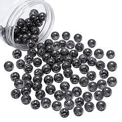 Perles de pierre de lave naturelle galvanisées, ronde, cahoteuse, plaqué gris anthracite, 10~11mm, Trou: 1mm, 76 pcs / boîte