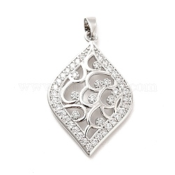 Brass Micro Pave Clear Cubic Zirconia Pendants, Leaf Charm, Real Platinum Plated, 30x19.5x3.5mm, Hole: 4x2.5mm