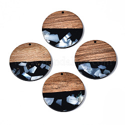 Ciondoli in resina opaca e legno di noce, con chip di shell, Two Tone, rotondo e piatto, nero, 38.5x3.5mm, Foro: 2 mm