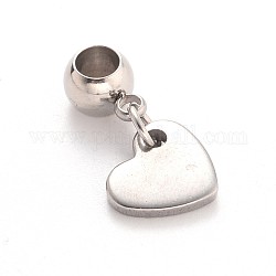 Encantos colgantes de agujero grande europeo de acero inoxidable corazón 304, color acero inoxidable, 20mm, agujero: 4 mm
