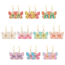 10 paires de boucles d'oreilles pendantes en résine papillon bling 10 couleurs, bijoux en fer doré pour femme, couleur mixte, 44mm, pin: 0.5 mm, 1 paire / couleur