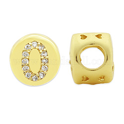 Perle di zirconi cubici trasparenti in micro pavè di ottone, piatta e rotonda con la lettera, letter.o, 7.5x6.5mm, Foro: 3.5 mm, 3pcs/scatola