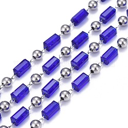 Handgefertigte Glasperlenketten, gelötet, mit Spule & 304 Edelstahlbefund, Blau, Edelstahl Farbe, Perlen: 6.5x3.5x3.5 und 4x3 mm, Link: 2.5x1x0.2 mm, ca. 16.4 Fuß (5m)/Rolle