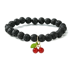 Bracelet extensible à perles rondes en pierre de lave naturelle, Bracelet à breloques en jade de malaisie teint naturel, breloques en forme de cerise, rouge, diamètre intérieur: 2-1/8 pouce (5.5 cm)