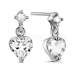 SHEGRACE Wonderful 925 Sterling Silver Stud Earrings, with White Cubic Zirconia Heart, Platinum, Clear, 14mm, Pin: 0.8mm