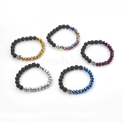 Electroplate Glass & Natural Lava Rock Stretch Bracelets, with Alloy Beads, Owl, Mixed Color, 2-1/8 inch(5.4cm)