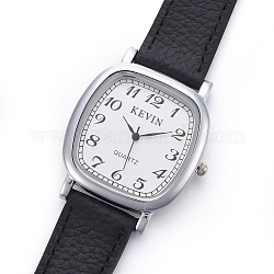 Reloj de pulsera, reloj de cuarzo, Correa de reloj de aleación y correa de cuero pu, negro, 9-3/8 pulgada (23.9 cm), 16.5x2.5mm, Cabeza del reloj: 36.5x35x8 mm