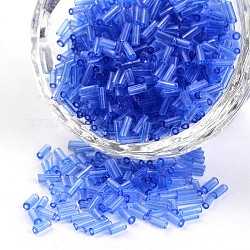 Perle trasparenti di bugle di vetro con foro tondo di colori trasparenti, blu royal, 3~5x1.8~2mm, Foro: 0.8 mm, circa 12000pcs/450g
