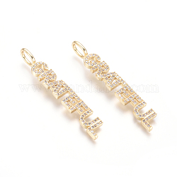 Brass Micro Pave Clear Cubic Zirconia Pendants, Word Grateful, Golden, 43x6.5x2mm, Hole: 3.5x5.5mm