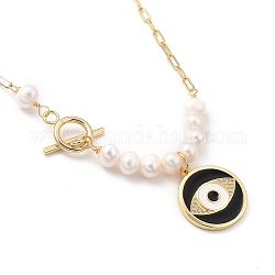Collana con pendente in ottone con zirconia cubica, con smalto e perle naturali, piatta e rotonda con malocchio, oro, 17.71 pollice (45 cm)