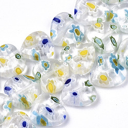 Chapelets de perles vernissées de millefiori manuelles, cœur, blanc, 11~12x12x4~5mm, Trou: 1mm, Environ 32~33 pcs/chapelet, 12.72 pouce ~ 13.78 pouces (32.3~35 cm)