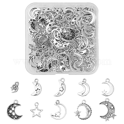 90 pz 10 stili pendenti in lega di stile tibetano, Luna e stelle, argento antico, 12~22x7~17x1~3mm, Foro: 1.6~2 mm