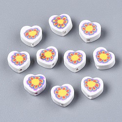 Abalorios de arcilla polimérica hechos a mano, corazón con diseño de flores, blanco, 9x9~10x4~5mm, agujero: 1.5 mm