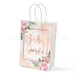 Bolsas de papel rectangulares estampadas en oro, con mango, para bolsas de regalo y bolsas de compras, palabra niña, patrón de flores, 14.9x8.1x21 cm