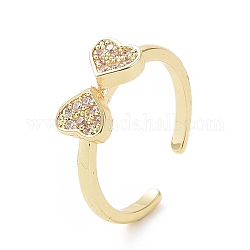 Anello a polsino aperto con bowknot a forma di cuore con zirconi cubici trasparenti, gioielli in ottone per le donne, oro, diametro interno: 17mm
