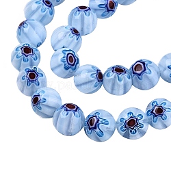 Handmade Millefiori Glass Beads Strands, Round with Flower Pattern, Light Sky Blue, 10mm, Hole: 1.2mm, about 36~38pcs/strand, 13.78 inch~14.88 inch(35cm~37.8cm)