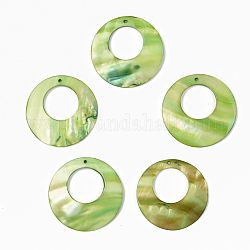Pendentifs de coquillages d'eau douce naturelle, plat rond, teinte, vert clair, 44~45x3~4mm, Trou: 1.6mm