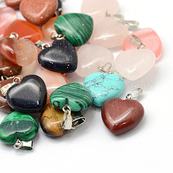 Pendentifs de pierres naturelles et synthétiques coeur, avec les accessoires en laiton de tonalité de platine, 17~19x15~16x5~8mm, Trou: 2x7mm