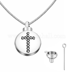 Collier de cendres d’urne en strass, collier pendentif en laiton platine pour femme, plat rond, 19.69 pouce (50 cm), plat rond: 28x18x8.5 mm