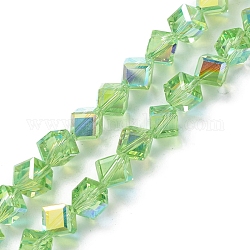 Electroplate transparentes abalorios de vidrio hebras, facetados, color de ab chapado, cubo, verde, 9x8.5x8.5mm, agujero: 1.4 mm, aproximamente 72 pcs / cadena, 24.80'' (63 cm)