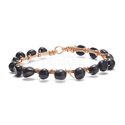 Natural Blue Tiger Eye Braided Beaded Bracelet, Copper Wire Wrap Gemstone Jewelry for Women, Light Gold, 8-1/8 inch(20.6cm)