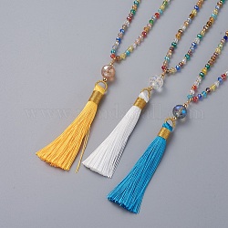 Colliers de pendentif à pompon en polyester, avec perles de verre boulier à facettes galvanisées et perles de rocaille en verre, couleur mixte, 31.5 pouce (80 cm)