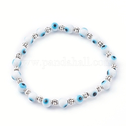 Bracelets extensibles en perles de chalumeau ronds faits à la main, avec alliage de séparateurs perles, argent antique, blanc, diamètre intérieur: 2 pouce (5.2 cm)