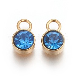 Glass Rhinestone Charms, March Birthstone Charms, with Golden Tone 201 Stainless Steel Findings, Flat Round, Light Sapphire, 10x6x4mm, Hole: 2.3mm