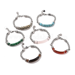 Bracelets de perles de tube incurvé de pierres précieuses naturelles, 304 bracelets chaîne en acier inoxydable pour femme, 7-1/2 pouce (19 cm)