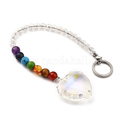 Chakra Heart Crystal Suncatcher Dowsing Pendulum Pendants, with 304 Stainless Steel Split Key Rings, Glass and Gemstone Beads, Velvet Bag, Stainless Steel Color, Colorful, 25cm