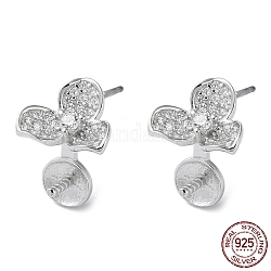 Rhodium Plated 925 Sterling Silver Stud Earring Findings, with Micro Pave Clear Cubic Zirconia, Flower, for Half Drilled Beads, with S925 Stamp, Real Platinum Plated, 7.5x8.5mm, Pin: 11x1mm and 0.7mm