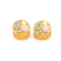 Rack Plating Alloy Enamel European Beads, with Crystal Rhinestone, Large Hole Beads, Cadmium Free & Nickel Free & Lead Free, Flat Round with Heart, Golden, Pink, 11x9mm, Hole: 5mm