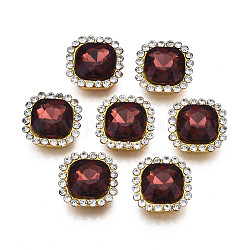 Sew on Rhinestone, Transparent Glass Rhinestone, with Iron Prong Settings, Faceted, Square, Brown, 14x14x6mm, Hole: 1.4mm
