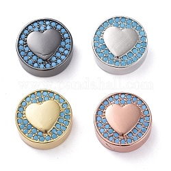 Perles de zircone cubique micro pave en Laiton, plat et circulaire avec coeur, bleu ciel, couleur mixte, 12x5mm, Trou: 2mm
