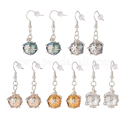 Glass Round with Star Dangle Earrings, Silver Brass Wire Wrap Drop Earrings for Women, Mixed Color, 43mm, Pin: 0.7mm