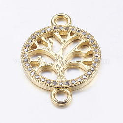 Brass Micro Pave Cubic Zirconia Links, Clear, Flat Round with Tree of Life, Real 18K Gold Plated, 27x19x2mm, Hole: 3mm