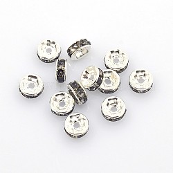 Séparateurs perles en laiton avec strass, couleur argentée, sans nickel, diamant noir, 6x3mm, Trou: 1mm