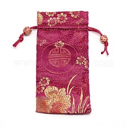 Bolsas de poliéster, bolsa con cordón, de abalorios de madera, rectángulo con estampado de flores, rojo violeta medio, 16~17x7.8~8x0.35 cm