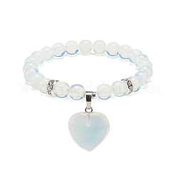 Bracelet extensible perles rondes opalite avec breloque coeur, yoga des pierres précieuses pour les femmes, diamètre intérieur: 2 pouce (4.95 cm)