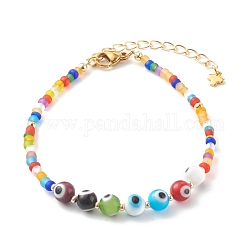 Beaded Bracelets, with Round Evil Eye Lampwork Beads & Frosted Glass Seed Beads, Golden, Colorful, 7-1/2 inch(19cm)