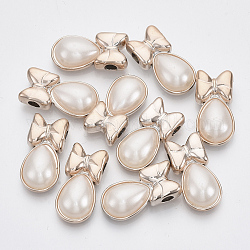 Placage uv pendentifs en plastique abs, avec abs en plastique imitation perle, or clair, larme, avec bowknot, blanc crème, 30x15x8mm, Trou: 5mm