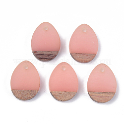 Resin & Walnut Wood Pendants, teardrop, Pink, 17.5x13x4mm, Hole: 1.8mm