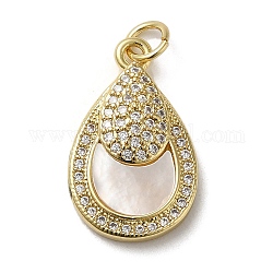 Brass Micro Pave Cubic Zirconia Pendants, with Shell, Teardrop, Real 18K Gold Plated, 21x13x4mm, Hole: 3.4mm