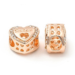 Accumuler strass de placage en alliage de perles européennes, Perles avec un grand trou   , coeur avec le mot soeur, or rose, 10.5x12x8.5mm, Trou: 4.5x5mm