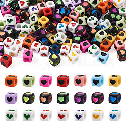 Cheriswelry 450 Uds 3 cuentas acrílicas opacas de estilo, cubo con patrón de corazón, color mezclado, 7x7x7mm, agujero: 4 mm, 150 piezas / style
