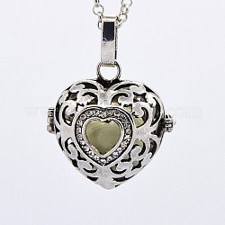 Antique Silver Brass Rhinestone Cage Pendants, Chime Ball Pendants, Heart, with Brass Spray Painted Bell Beads, Lemon Chiffon, 27x27x21mm, Hole: 3x5mm, Bell: 16mm