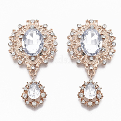 Alloy Cabochons, with Acrylic Rhinestone and Crystal Rhinestone, Faceted, Flower and teardrop, Light Gold, 56x29x6mm