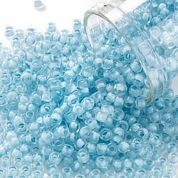 Cuentas de semillas redondas toho, Abalorios de la semilla japonés, (976) color interior cristal / neón azul hielo forrado, 8/0, 3mm, agujero: 1 mm, aproximamente 220 unidades / 10 g